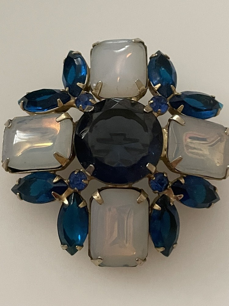 Vintage French Cut Glass Gems Brooch, Moonstone And Blues