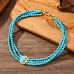 Turquoise Choker Necklace Women 3 Layers Multi Strand Bib Pendant 20s Style