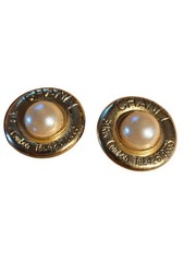 Vintage CHANEL CC Faux Pearl Gold Tone Clip On Earrings 1980s Signed