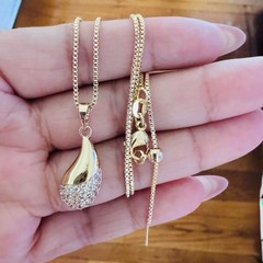 14K Gold Plated Teardrop Pendant Necklace White Crystal Pavé Box Chain necklace