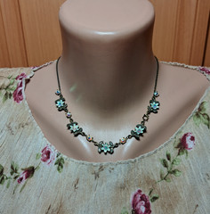 Michal Negrin Floral Enamel Crystal Necklace Bronze Tone AB Rhinestones 40+4cm