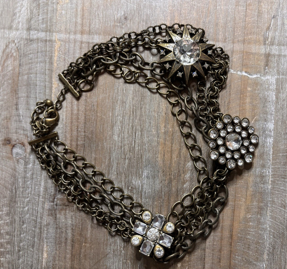 Antique Bronze Multi-Strand Layered Cable Chain Necklace Clear Rhinestone Charms