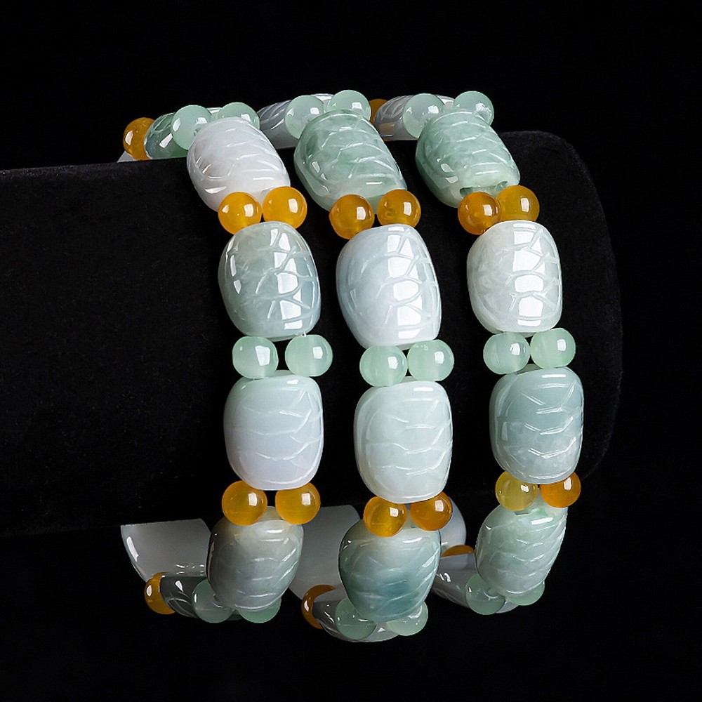 Certified 1PCS Natural Grade A Jade Jadeite Colorful Pattern Beaded Bracelet