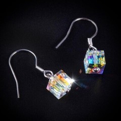 18k White Gold Plated Aurora Borealis Crystal Cube Drop Hook Earrings