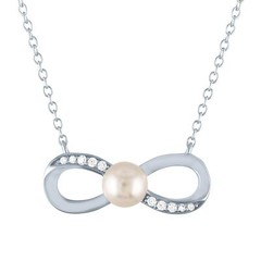 Brilliance Simulated Pearl and CZ Sterling Silver Infinity Pendant, 18″