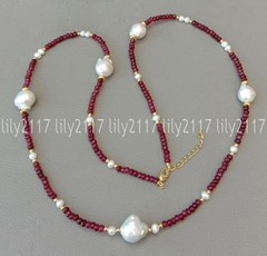 2x4mm Faceted Red Garnet Gems White Keshi Baroque Pearl Long Necklaces 14-55”