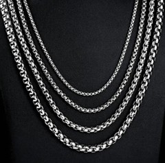 Round Box Chain Necklace Stainless Steel Cuban Men Women 18-24 inches, 2/3/4mm