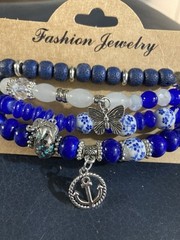 4 Set Asst Blue Beads Stretch Stacking Bracelet~Anchor~Elephant~Butterfly Charms