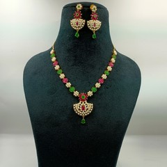 Ethnic 22K Gold Plated Kemp Ruby Emerald & Pearl Necklace Jewelry For Women