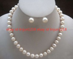 Beautiful Natural 8-9mm Real White Cultured Pearl Necklace Earrings set AA