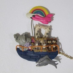 Vintage Handmade Polymer Clay Noahs Ark Pin Funny Pin Rainbow Flamingo Pig