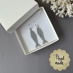 Sardine Earrings, Handmade Beaded Fish Earrings, Coastal Seed Bead Jewelry Gift