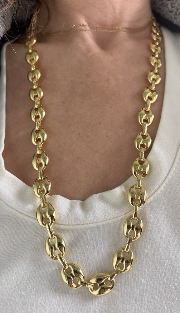 14k Yellow Gold Plated Puffy Puffed Anchor Mariner Link Chain Necklace 1cm 26in