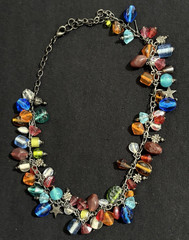 Vintage Colorful Glass Bead Cluster Charm Necklace Gunmetal Tone Adjustable Boho