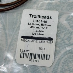 Authentic Trollbeads Brown Leather Necklace 17.7 inch/45 cm, New