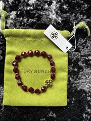 Tory Burch Red Beaded Ball Chain Bracelet Gold Tone Logo Dangle Charm No Clasp