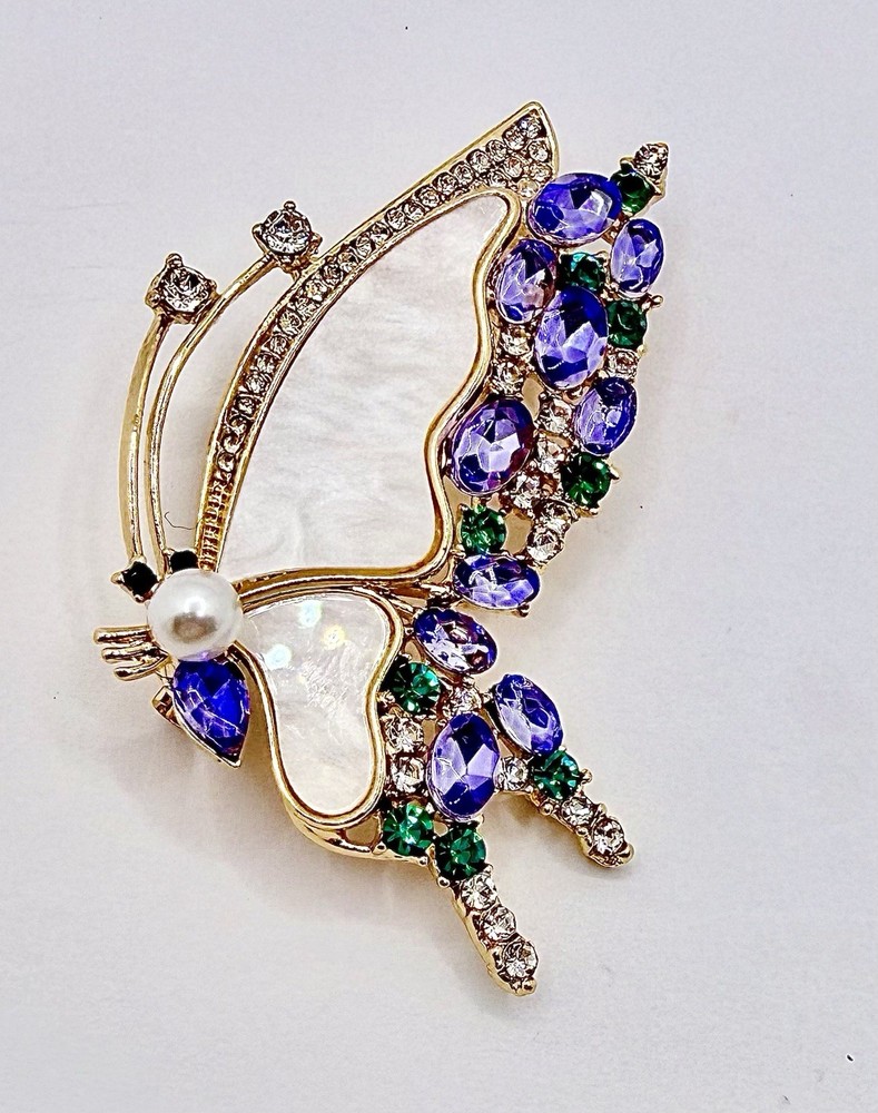 Vintage Inspired Butterfly Brooch Pin Pendant Rhinestones & Imitation Pearl