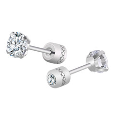 Women Men Silver Stainless Steel Round CZ Stud Earrings Screw Back Gift PE30