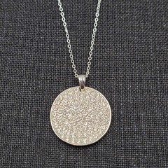Pave Crystal Round Pendant Necklace Silver tone 18″ adj