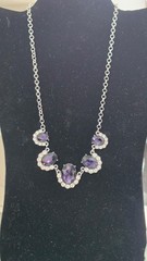 Silver Tone Cable Chain Necklace Purple Oval Crystal Rhinestone Halo Accents