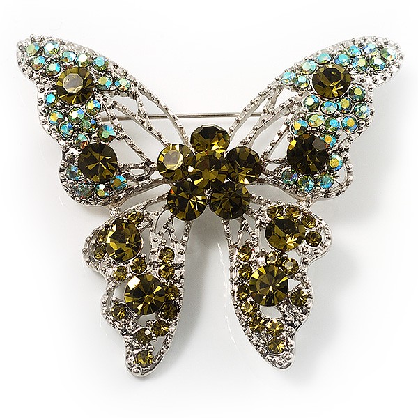 Olive Green Crystal Dazzling Butterfly Brooch in Silver Tone – 62mm Across