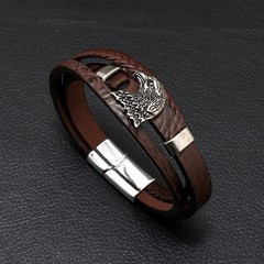 Men Jewelry Black Braided Leather Bracelet Multi-Layer Stainless Steel Clasp