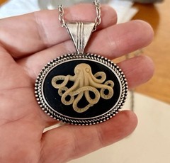 Octopus Cameo Necklace Gothic Pirate Pendant, Cream/Black, Ocean, Sea Life Art