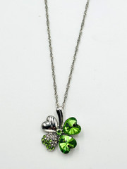 Silver Tone Shamrock Clover Pendant Necklace with Green Crystals St Patrick’s