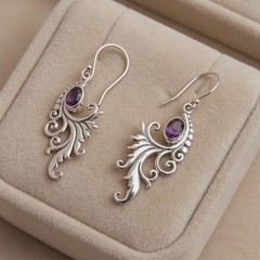 Amethyst Inlay Vintage Scroll Feather Filigree Women Hook Style Drop Earrings