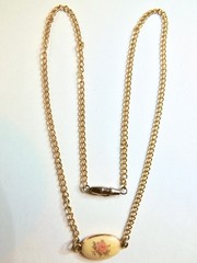 Goldtone Chain With Enamel/Transfer Print (Decoupage) Rose In Bloom Pendant