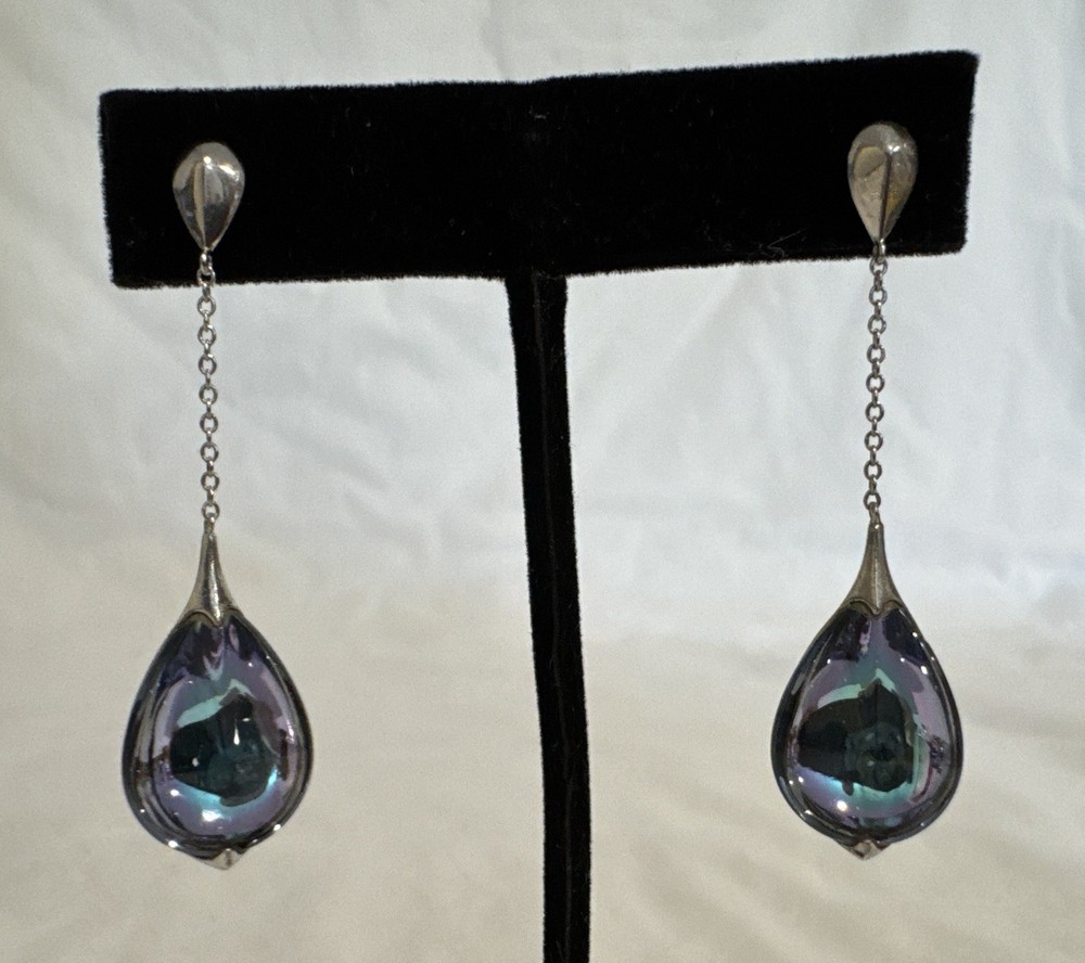Baccarat Earrings Fleur De Psydelic Stem Drop Blue Sterling HTF