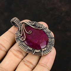 Gemstone Handmade Wire Wrapped Pendant Handcrafted Copper Valentine Gift 2.52″
