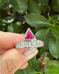 SYNTHETIC RUBY / PINK SAPPHIRE BAGUETTE RHINESTONES GEOMETRIC RING SILVER TONE