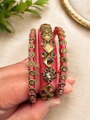 Boho Pink Thread Wrapped Rhinestone Bangle Bracelet Set of 3 Gold Tone Statement