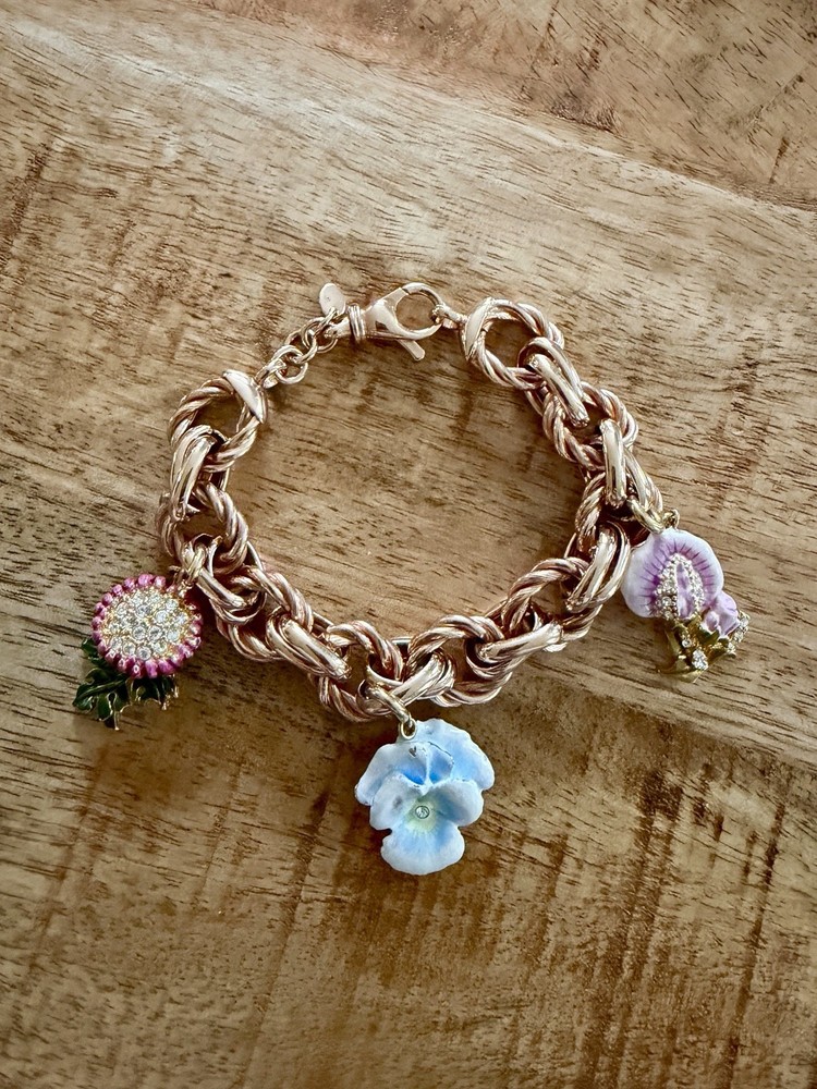 Nolan Miller Signed Bronze Multicolor Flower Enamel Dangle Charm Bracelet