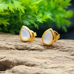 Natural Moonstone Studs Pair, 4x6mm Pear Gemstone Earrings Gold Plated Jewelry.