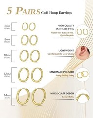5 Pairs Small Huggie Hoop Earrings for Women, 5 Pairs Gold – 6/8/10/12/14mm