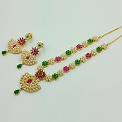 Ethnic 22K Gold Plated Kemp Ruby Emerald & Pearl Necklace Jewelry For Women
