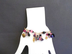 Glass Flower Leaf Heart Charm Bracelet Dangle Gold Tone Metal Purple Pink Black
