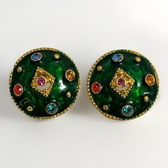 Green Enameled Multicolor Rhinestones Gold Tone Dome Shape Stud Earrings