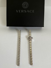 NIB Versace Medusa Logo Greca Greek Key Silver Bar Mismatch Drop Earrings $875