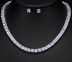18k White Gold Plated Square Tennis Necklace Earrings made w Swarovski Crystal