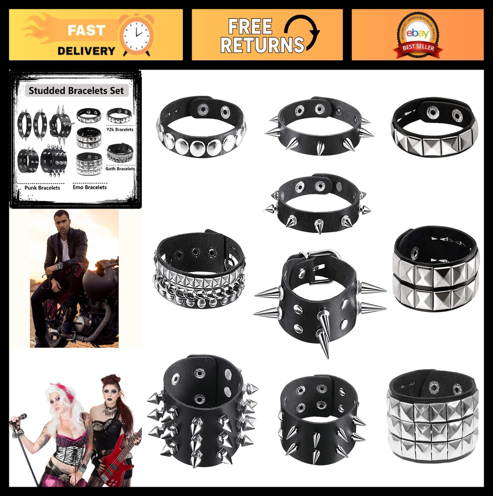 10 Studded Punk Bracelets Set – Emo Spiked Black Leather Cuffs, Goth Accessories