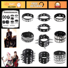 10 Studded Punk Bracelets Set – Emo Spiked Black Leather Cuffs, Goth Accessories