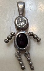 Silver Tone Metal Charm Pendant Dangle, 2-Stone Bezel, Clear Round & Dark Oval