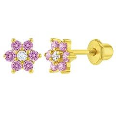 Gold Plated Cubic Zirconia Flower Screw Back Earrings for Toddlers Girls 5mm