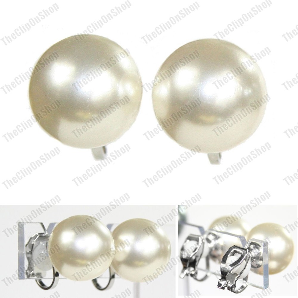 CLIP ON large 14mm pearls BIG ROUND PEARL EARRINGS clips GOLD/SILVER/BLACK