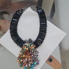 Multicolor Beaded Statement Bib Necklace Round Crystal Cluster Pendant