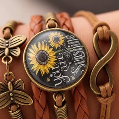 Sunflower Multilayer Leather Wrap Bracelet Women Boho Infinity Charm Bronze Gift
