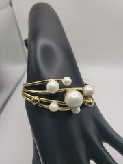 Gold Tone Faux Pearl Cuff Bracelet Multi Strand Open Bangle Statement Elegant